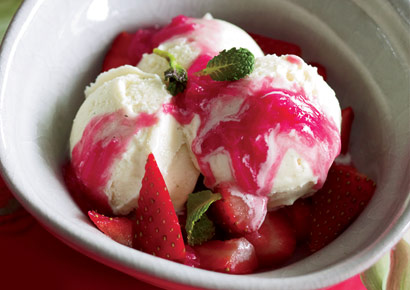 For desert, ice cream with strawberries and rhubarb sauce.
