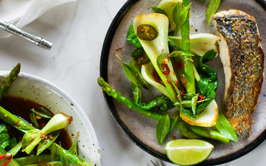 Eat Clean 25-Minute Dinner: Cod with Bok Choy, Asparagus, and Chile-Lime Dressing