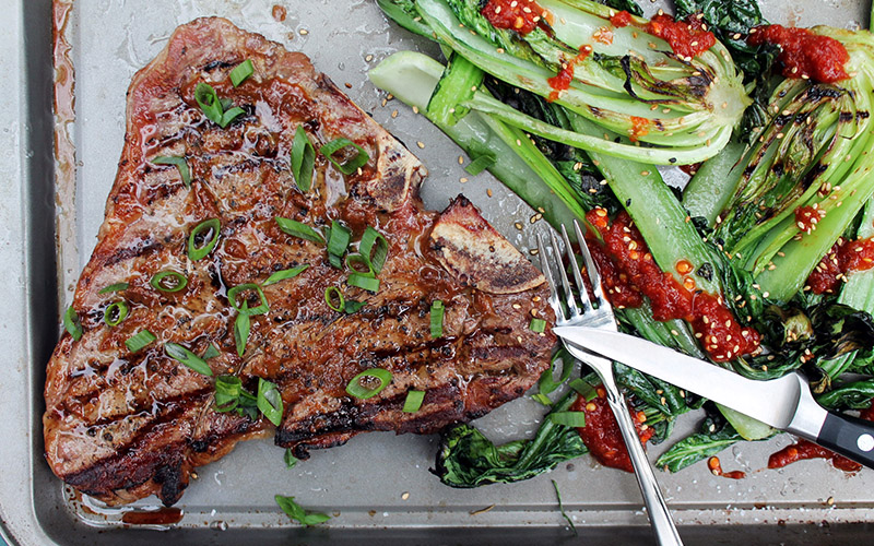 Grilled T-Bone Steak with Miso Butter and Spicy Charred Bok Choy